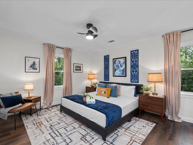 Queen bedroom with blue accents